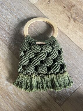 Handmade Olive Green Macrame Fringe Handbag with Wooden Handles